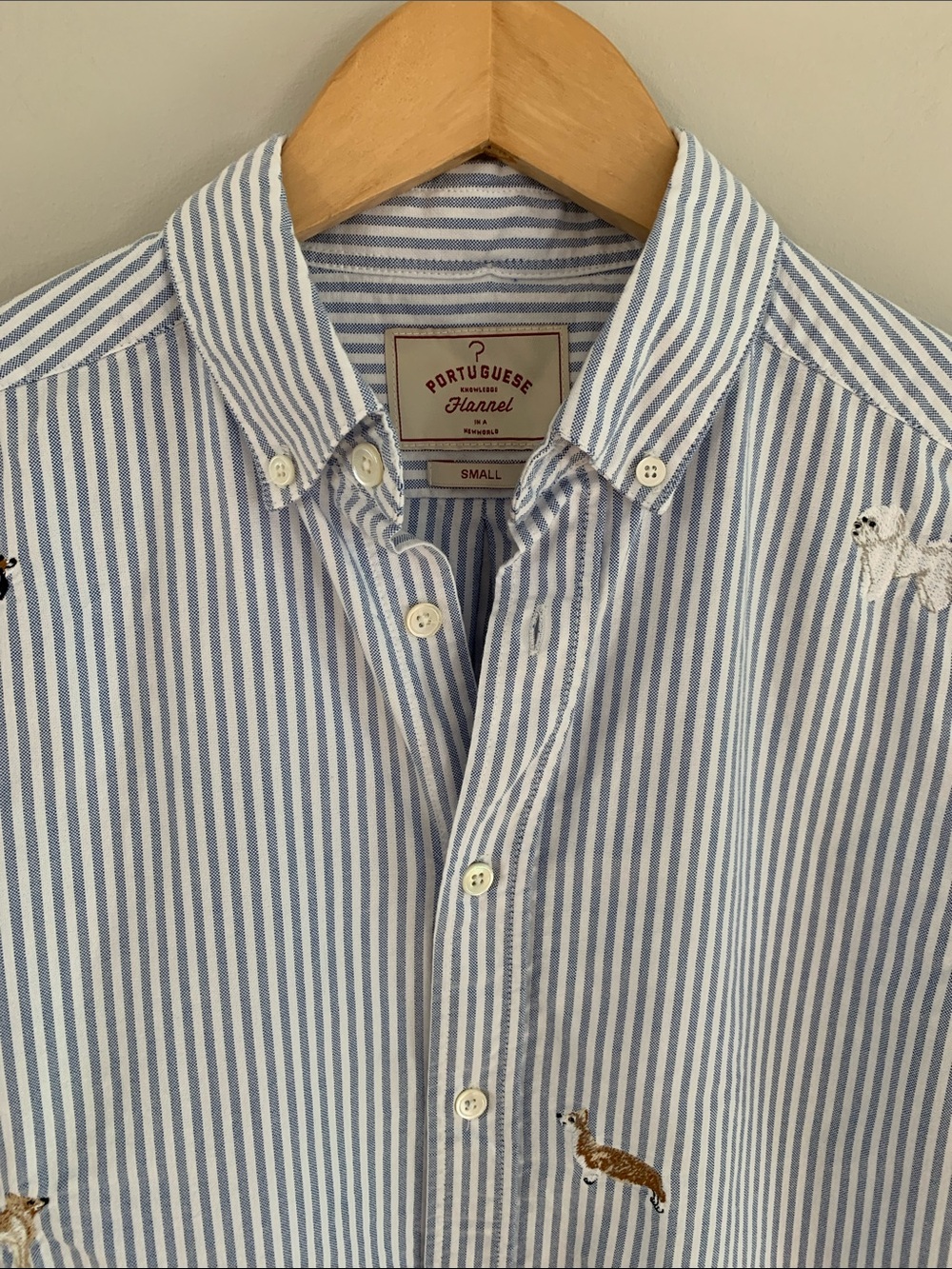 Portuguese Flannel Dogs Oxford Shirt Blue Stripe Size Small Embroidered Novelty - Picture 2 of 10